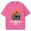 American Retro High Street T-Shirt Skull Fire Print Women's Short Sleeve Washed Denim Crew Neck Cotton Heavyweight Tee