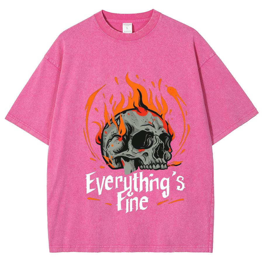 American Retro High Street T-Shirt Skull Fire Print Women's Short Sleeve Washed Denim Crew Neck Cotton Heavyweight Tee