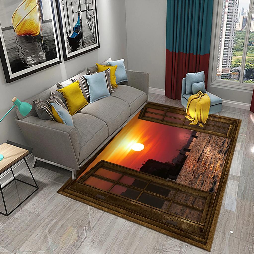 Tapete 3D Moderno Cenário de Janela Bela Vista Fora da Janela Tapetes Cozinha Banheiro Tapete Antiderrapante Sala de Estar Quarto Decoração Tapetes