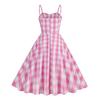 Fresh and breezy holiday-style pink checked striped high-waisted midi dress