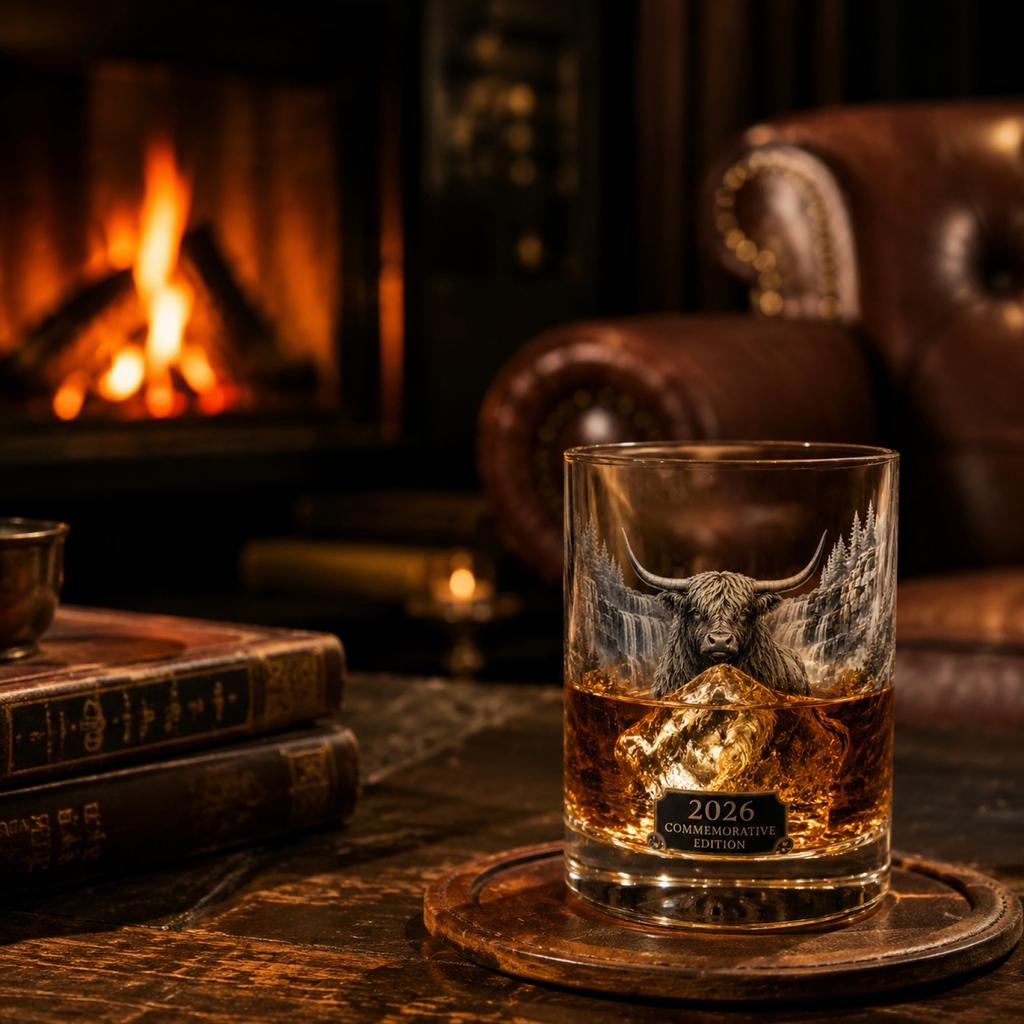 Highland Cattle Glass Whiskey Tumbler Commemorative Edition 2026 Durable Crystal Clear Glassware for Spirits and Cocktails