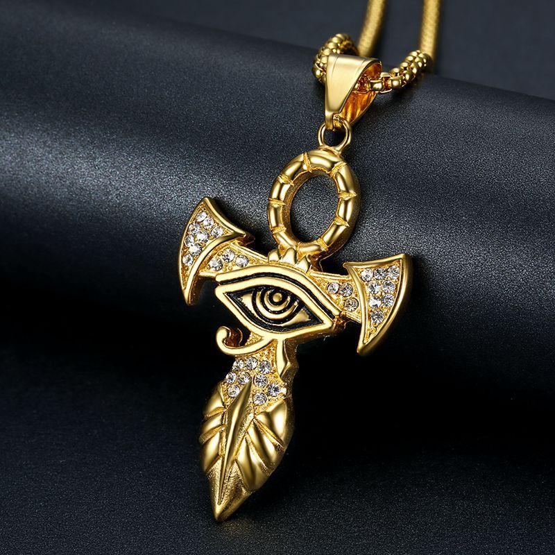 New 316L Stainless Steel Jewelry Anka Cross Eye of Horus Pendant Necklace Gold Silver Color Hip Hop Jewelry for Men