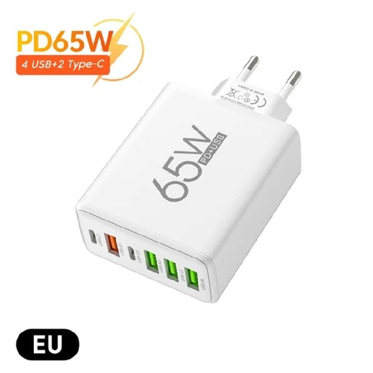 Double PD & 4 USB A Ports EU Plug Travel Plug Adapter 65W USB Wall Charger Rapid Charging Block for Phone Tablet