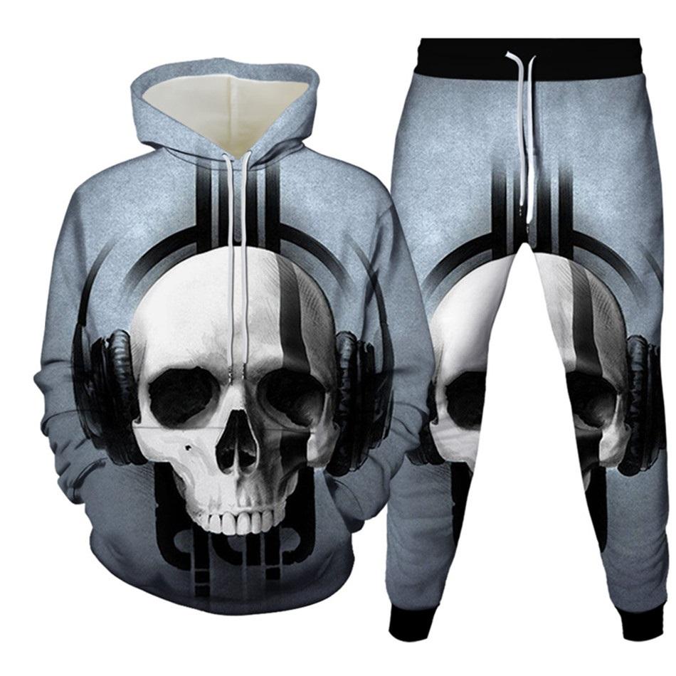 New Men's Tracksuit Sets Goth Punk Skull Fire 3D Printing Hoodies Pants Suit High Quality Skeletons Pullover Streetwear Oversized