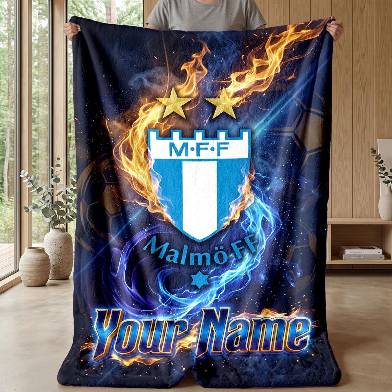 Malmö FF Testo Nome Personalizzato Coperta in Flanella Logo Calcio Coperta Plaid in Pile Personalizzata Regalo Speciale per Divano Camera da Letto Casa