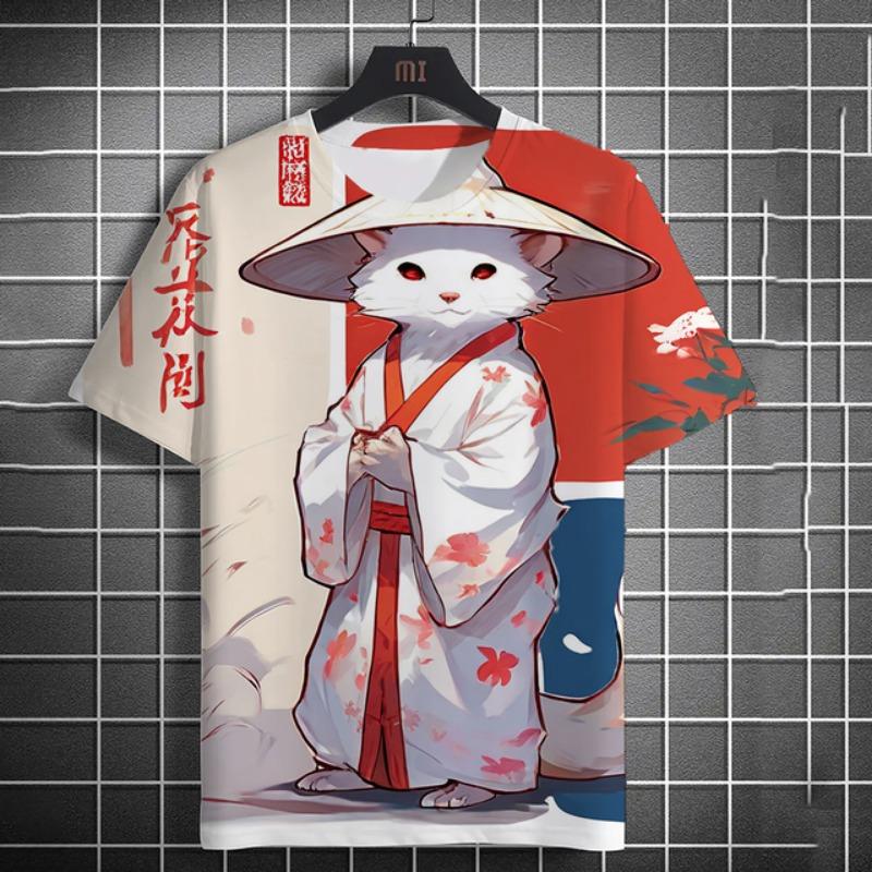 2024 Summer Men's Fashion Casual Print Men's Cat Warrior Guard with Knife Art Print Hooded T-Shirt Round Neck Street T-Shirt Top