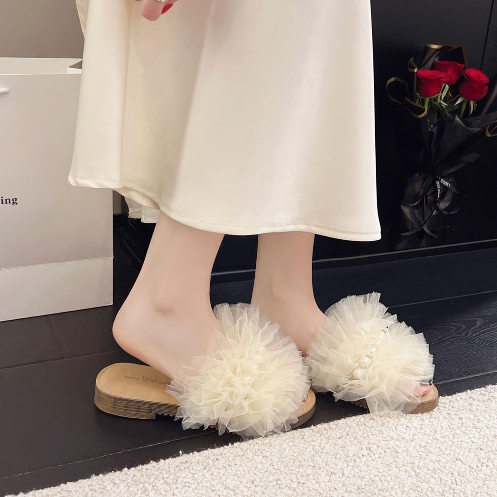 2025 Summer New Fairy Style Pearl Slippers Women Wear Flat Bottom Thin Bottom One Word Drag Beach Sandals with Skirt