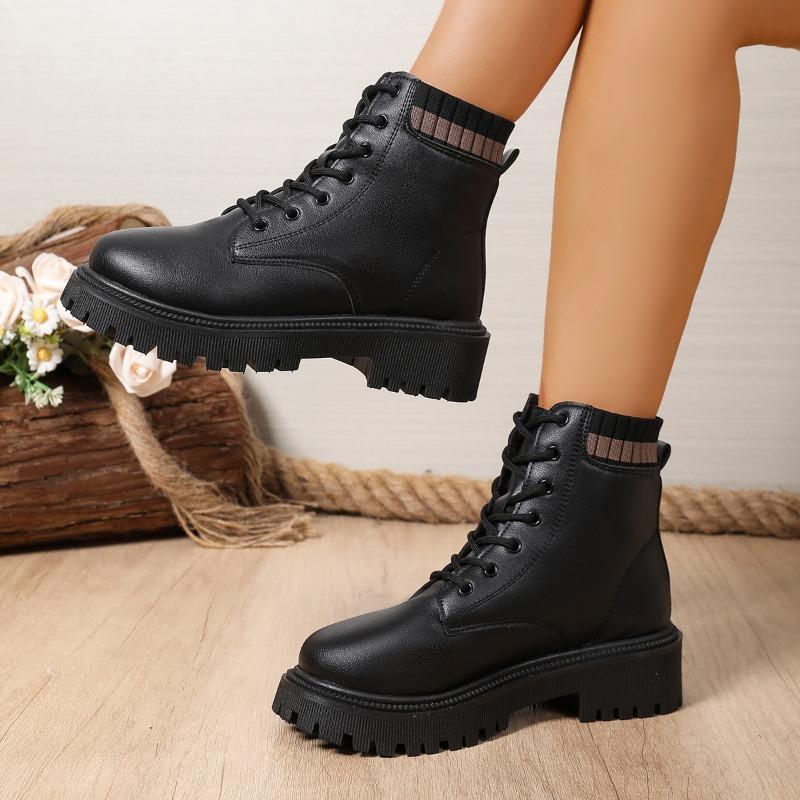 Fashion Short-thigh Boots Autumn New Round Toe Front Lace-up Platform Non-slip Wear-resistant Block Heel Boots