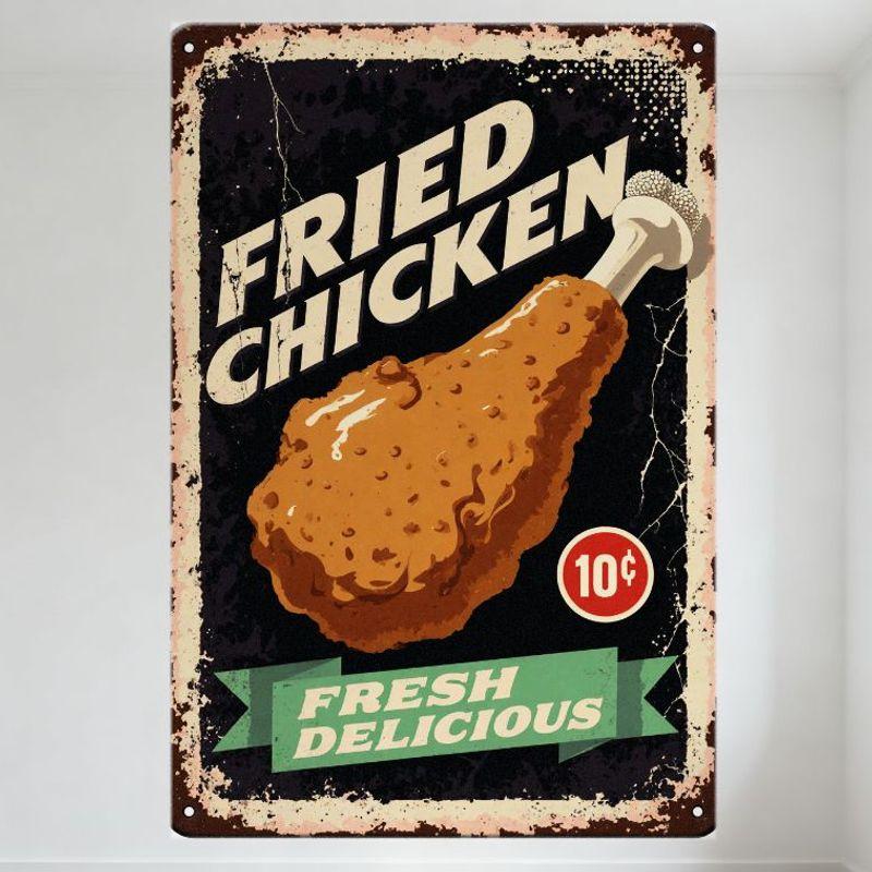 Vintage Fried Chicken Metal Tin Sign Retro Distressed 10¢ Price Diner Home Decor for Bar Man Cave Restaurant 20x30cm(7.8x11.8inch)