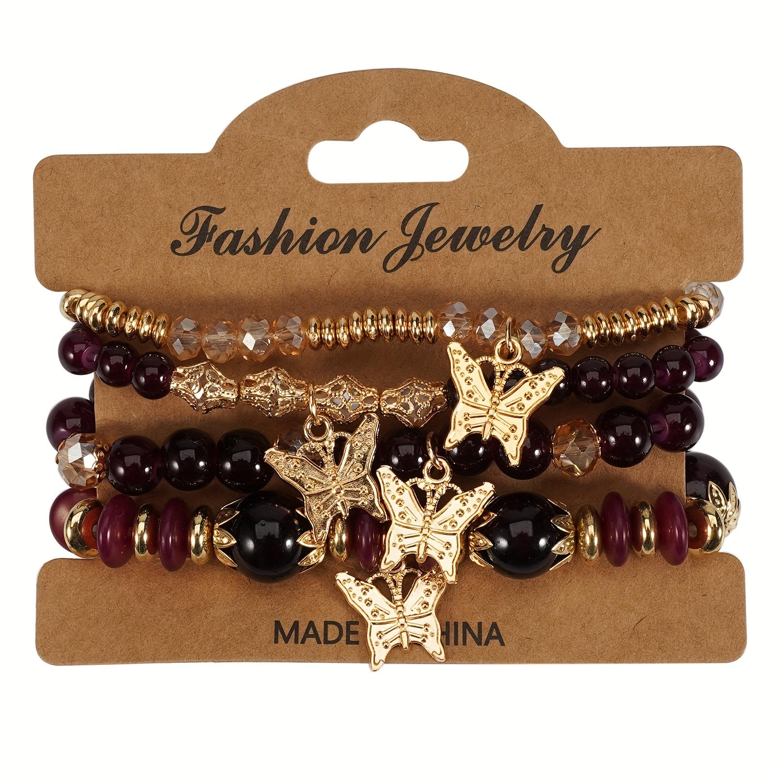 

4Pcs Bohemian Butterfly Beaded Bracelets, Crystal Zinc Alloy Pendant, Ladies Daily Party Jewelry