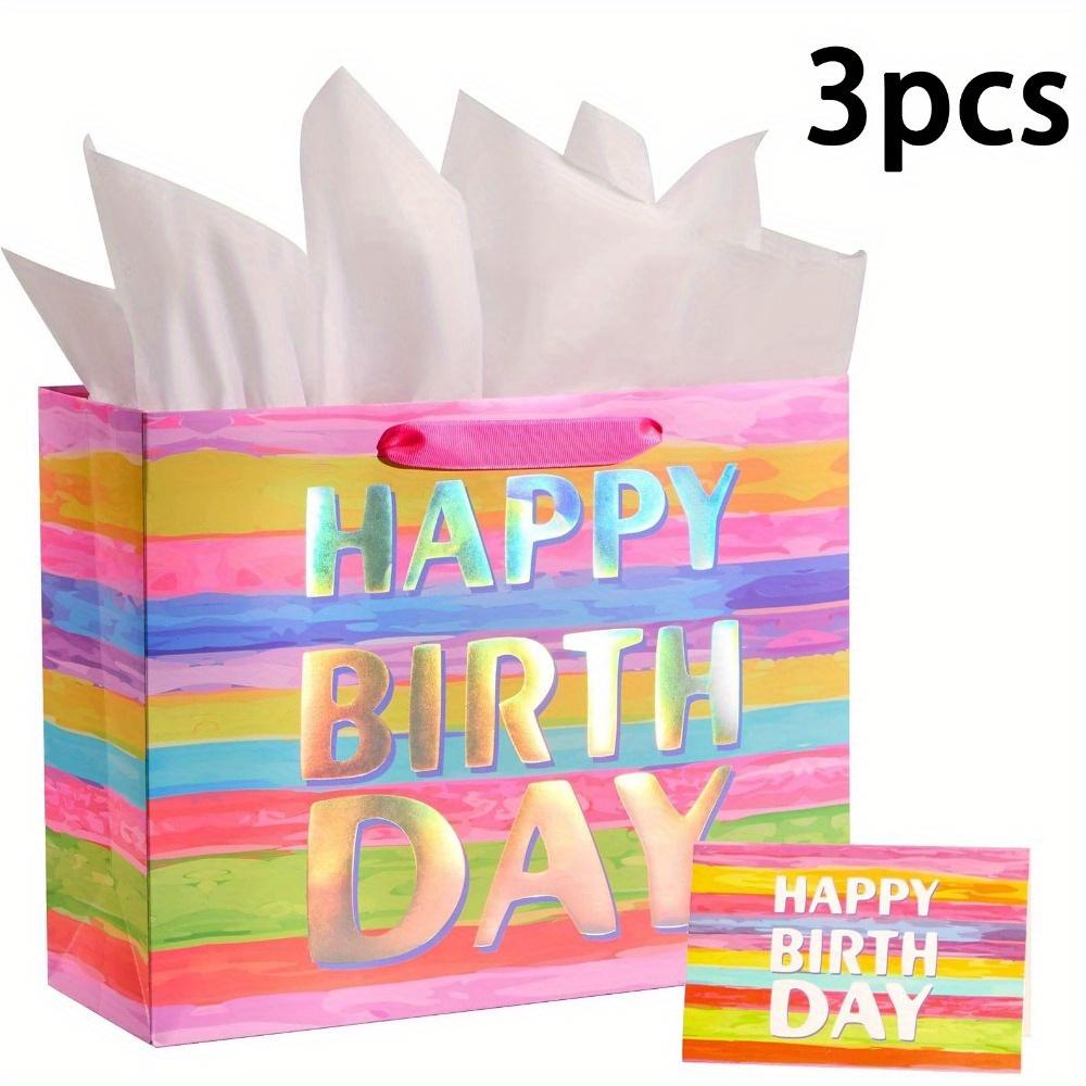 3pcs Large Gift Bag with Card and Tissue Paper, 13x10.2x4.7 Inches Birthday Gift Wrap Bags, 1pc Gift Bags with 3 Tissue Paper and 1 Card, Treat Bags