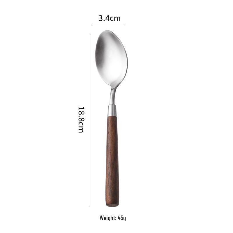 Western 304 Stainless Steel Tableware Set: Walnut Long Handle Spoon, Steak Knife, Dessert Spoon, Wooden Chopsticks, Fork, and Spoon.