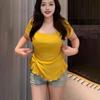 Women Tops Soft Elastic U-Neck Shirt Short Sleeve Slim Fit Blouse with Waist Pleats Solid Color Pullover Tops Daily Wear