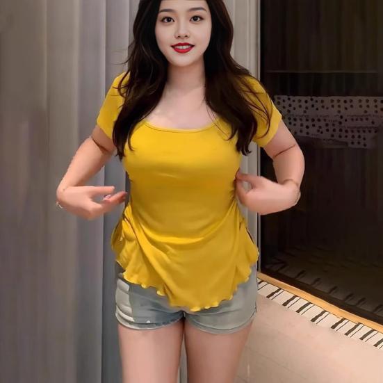 Dámské topy Měkké elastické tričko s U výstřihem Krátký rukáv Slim fit halenka