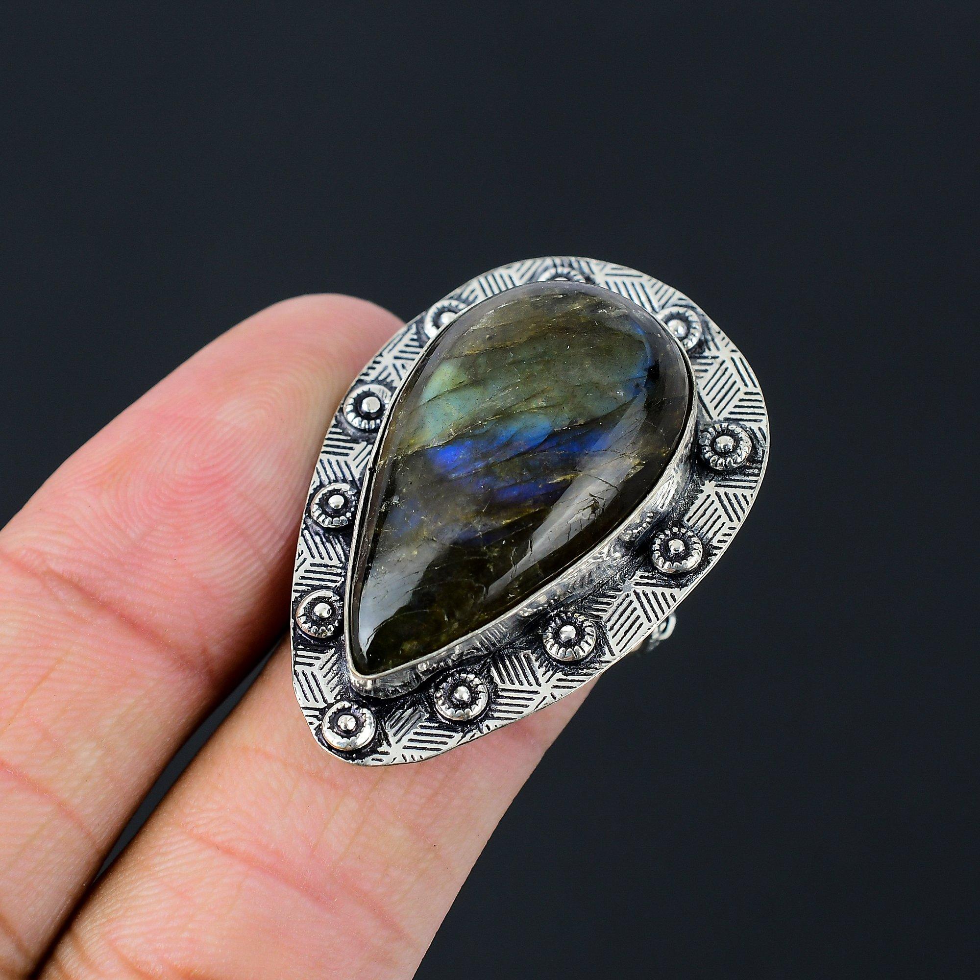 Natural Labradorite Gemstone Statement Gray Ring Size 8.5 925 Sterling Silver 8.5