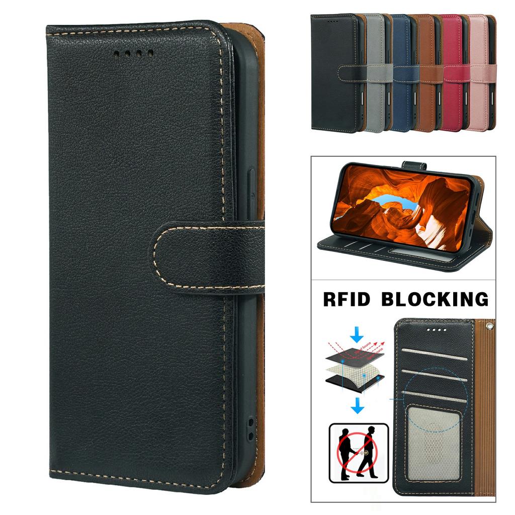 For iPhone 17 Pro Case RFID Blocking Wallet Litchi Texture Leather Phone Cover Magnetic Clasp