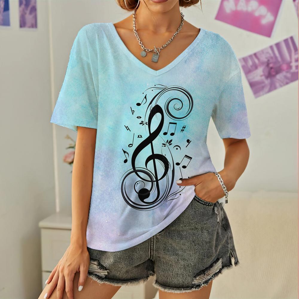 

Футболки с принтом тай-дай и принтом музыкальных нот для женщин, женский топ с v-образным вырезом, дизайн больших размеров, летняя рубашка, женская одежда S