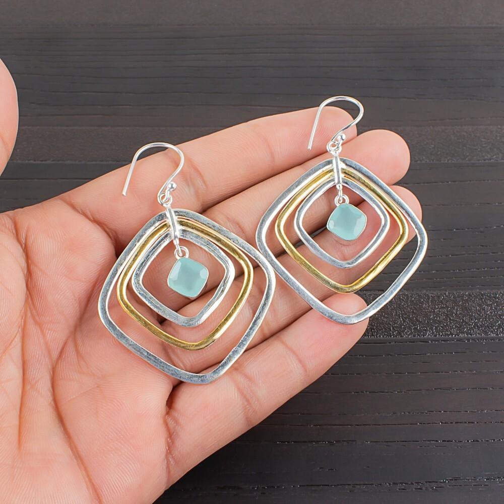 Aqua Chalcedony Gemstone 925 Sterling Silver Handmade Jewelry Earrings 2.44" EE-70-16