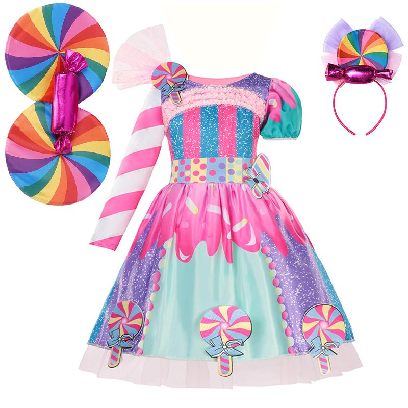 Girls Purim Festival Lollipop Costume Chidrens Puff Sleeve Candy Costume Kids Sweet Lollipop Print Birthday Party Dresses