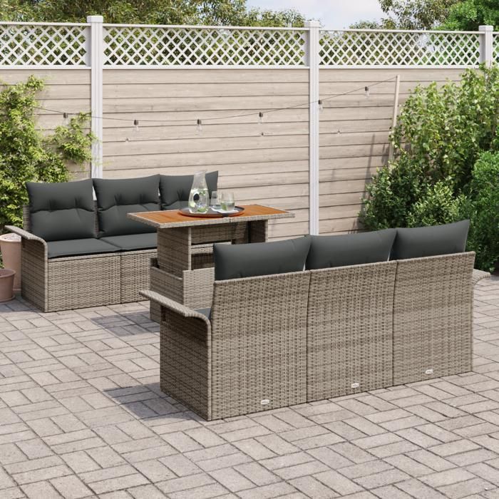 VidaXL Ensemble de canapé de jardin 7 pièces avec coussins gris en poly rotin et acacia 3349278