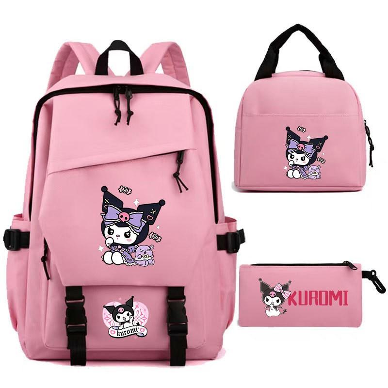 Kuromi Kids School Backpack Set 3pcs Cartoon Oxford Fabric Lightweight Ergonomic Shoulder Bag Grades 3-9
