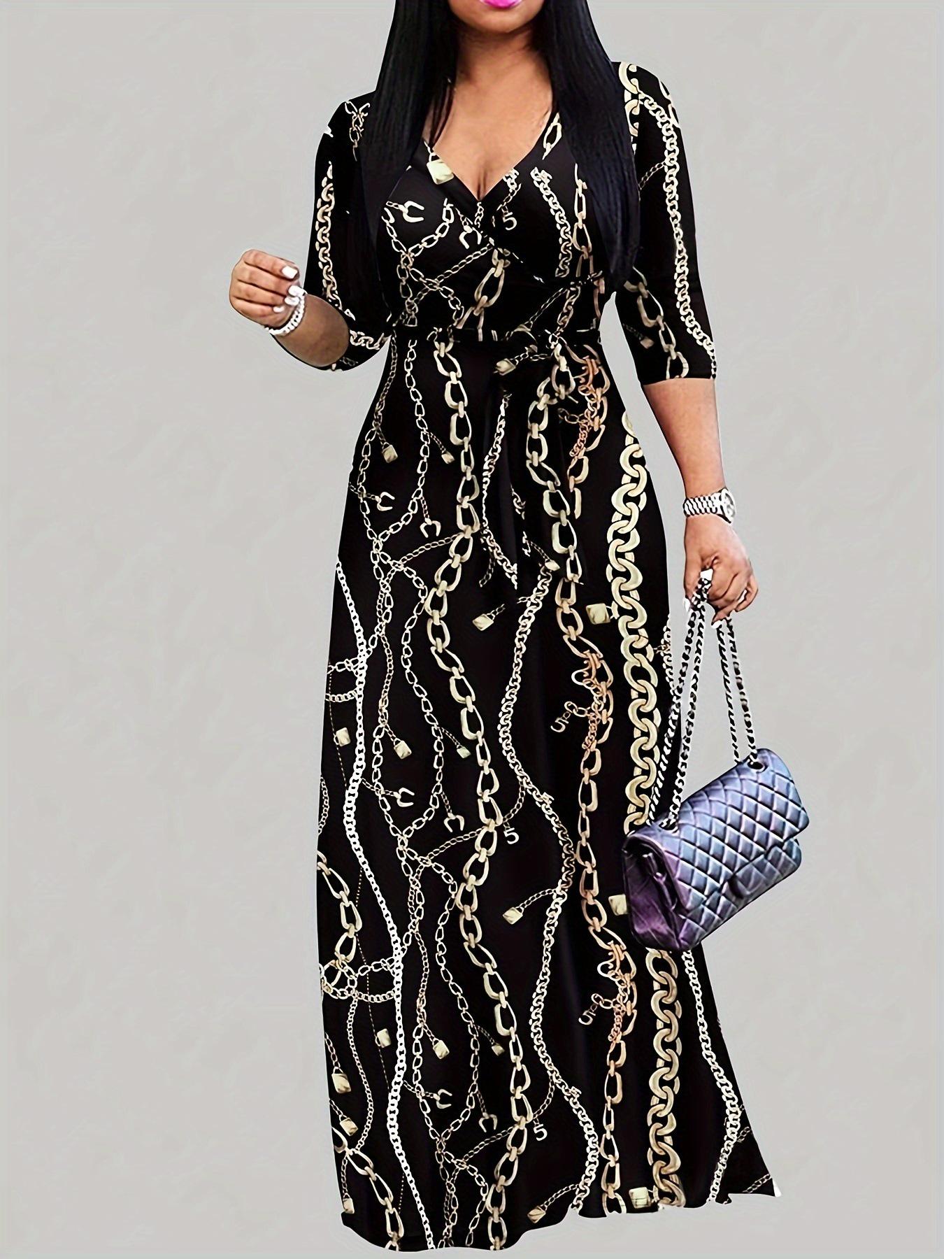 2026 Autumn Women s Wave Pattern Tie-Up V-Neck Dress XL