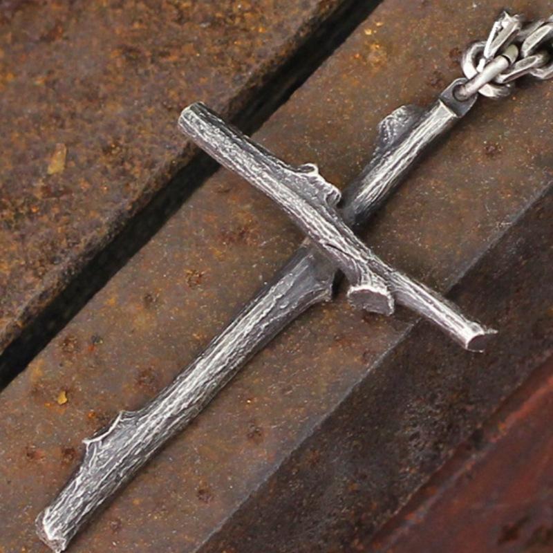 Retro Personalized Thai Silver Wooden Branch Cross Realistic Too Angle Necklace Versatile Pendant for Men and Women