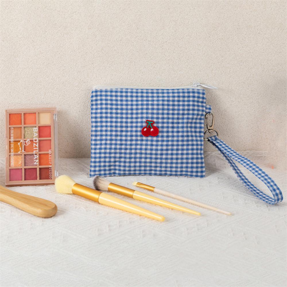 Cherry Canvas Makeup Bag Portable Red Plaid Large Capacity Cosmetics Lipstick Storage Bag Pouch Zipper Toiletry Handbag