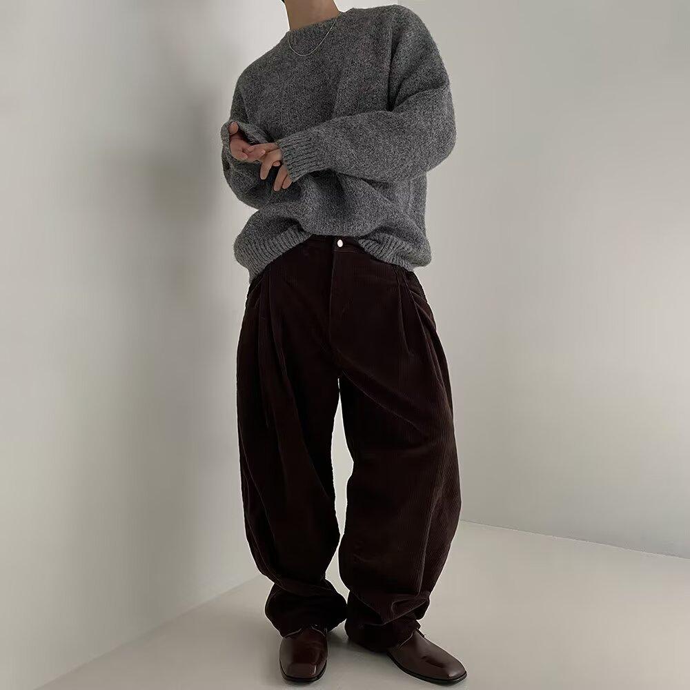 Mohair Knitted Sweater Men's Autumn Korean Trend Casual Lazy Style Pullover Sweater Loose Crew Neck Top