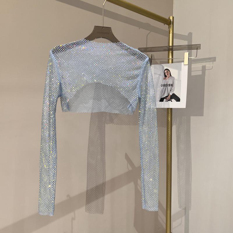 Sparkling Mesh Diamond Sun Protection Long Sleeve Party Top