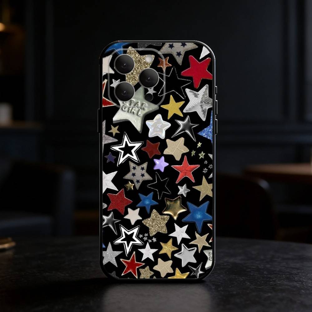 Colorful Star Phone Case For iPhone 17,16,15,14,13,12,11 Plus,Pro Max,SE4Soft Silicone Black Cover