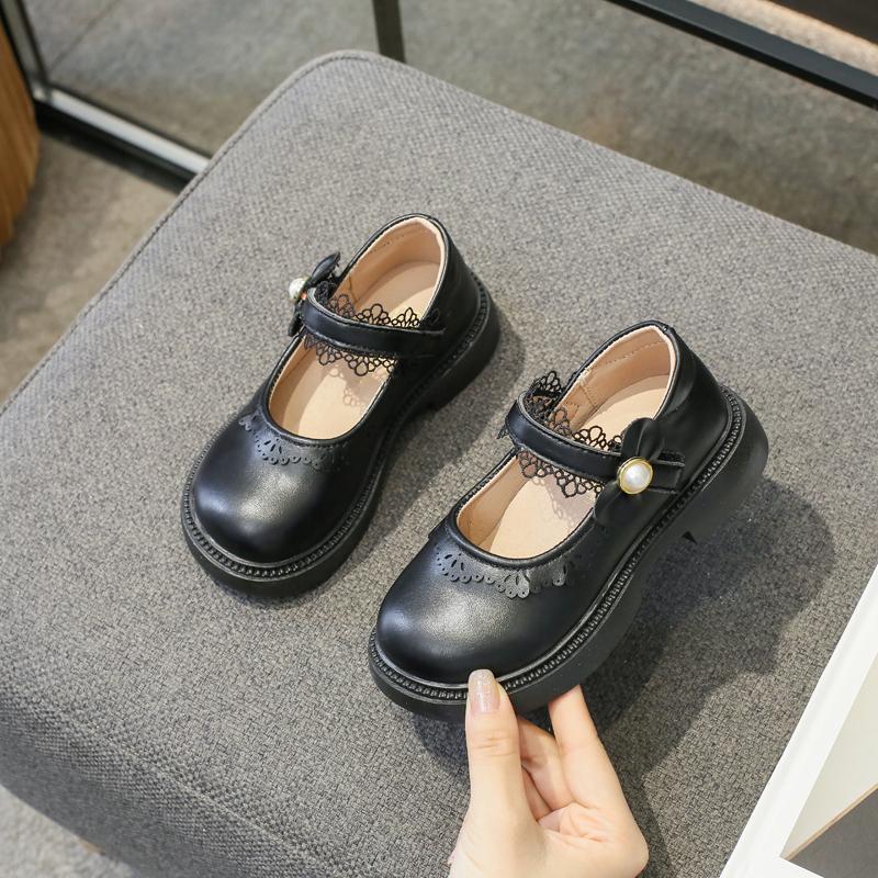 New Girls Leather Shoes Simple Lace Bow Children Fashion Casual Shoes Round-toe Kids Princess Loafers Lolita Style 2024 Spring