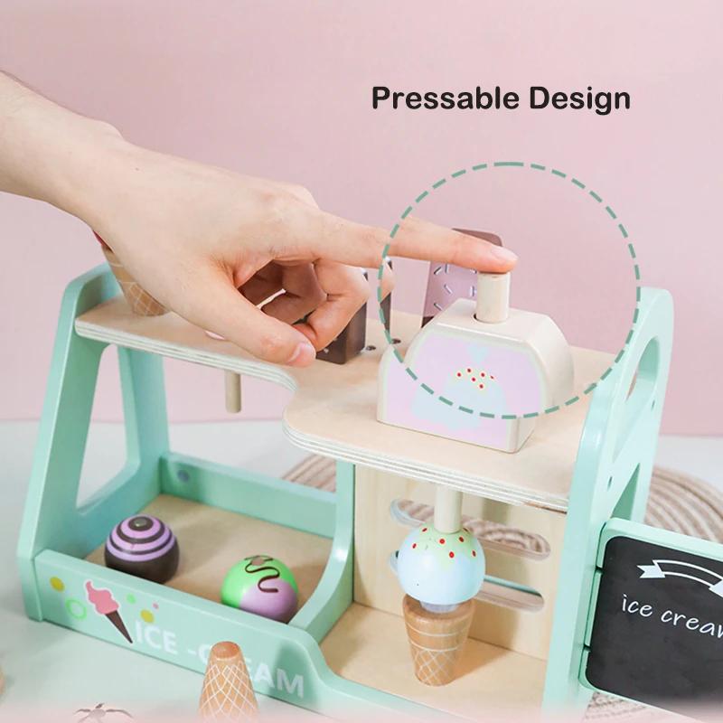 Wooden Pretend Toys Simulation Ice Cream Counter Playset Pretend Play Toys Kitchen Accessories Montessori Learning Toy for Kids
