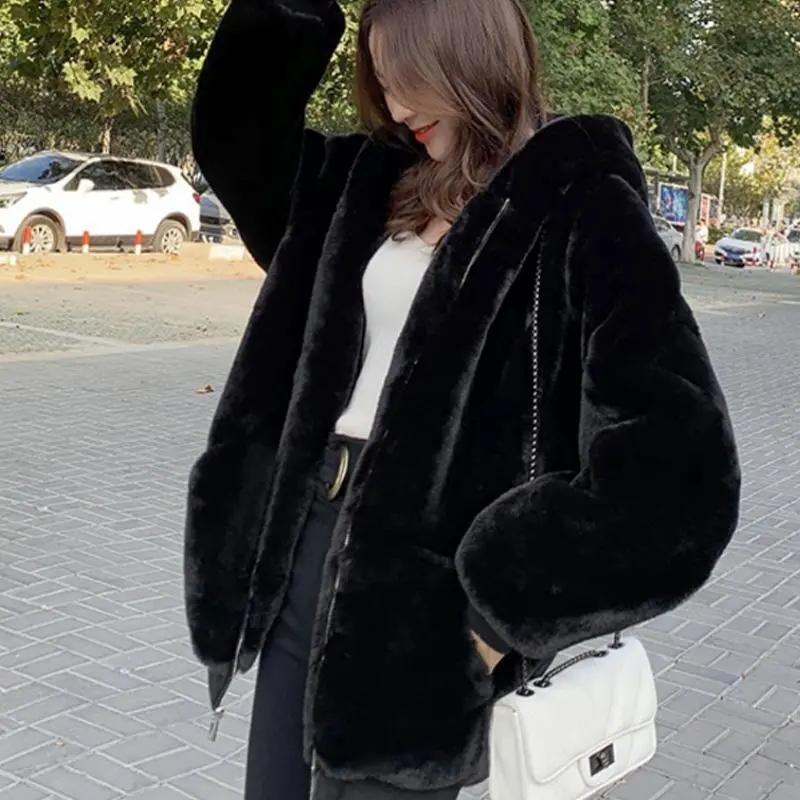 Korean Loose Thick Plush Coat for Women Winter Imitation Fur Rabbits Grass Coat Female Warm Zipper Jacket Hooded Parka Overcoat