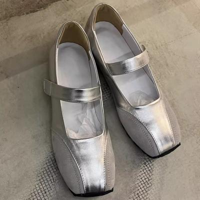 Leder Klettverschluss retro silberne BalletteinzelSchuhe neue vielseitige Nische Mary Jane Schuhe Frühling