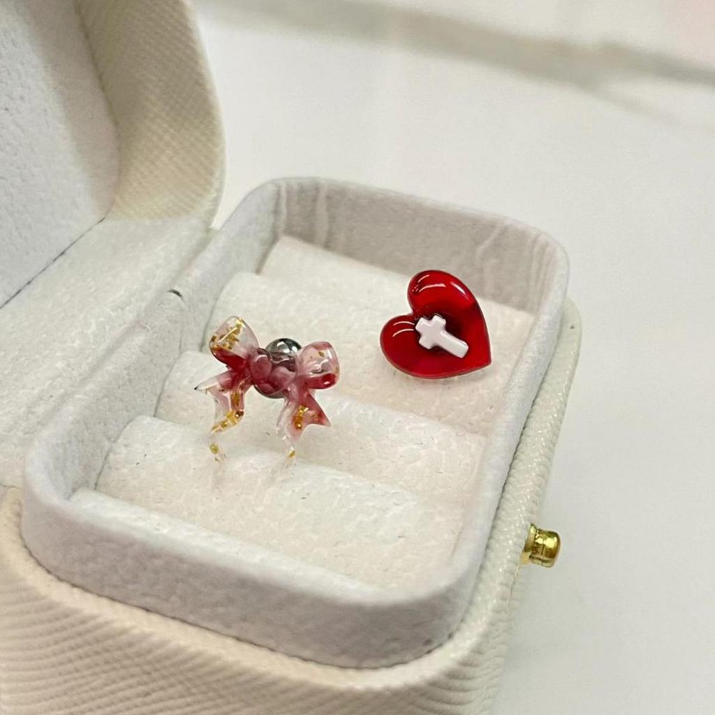 Chic Dark Sweet Spicy Peach Heart Cross Earrings with Bow and Resin Studs