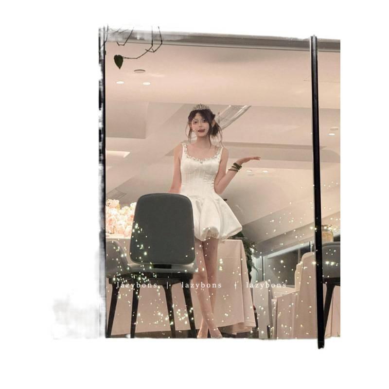 High-end white dress birthday dress dress female heavy industry fish bone waist princess suspender skirt