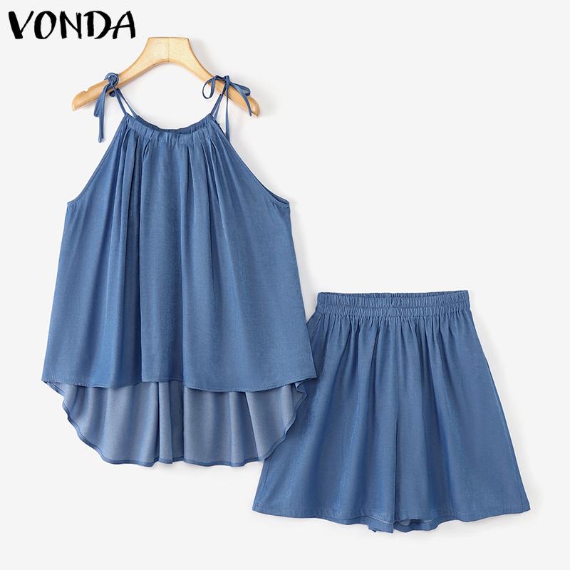 

VONDA Две части Женские бретельки Нерегулярные топы и шорты Летние наряды 2XL темно-синий