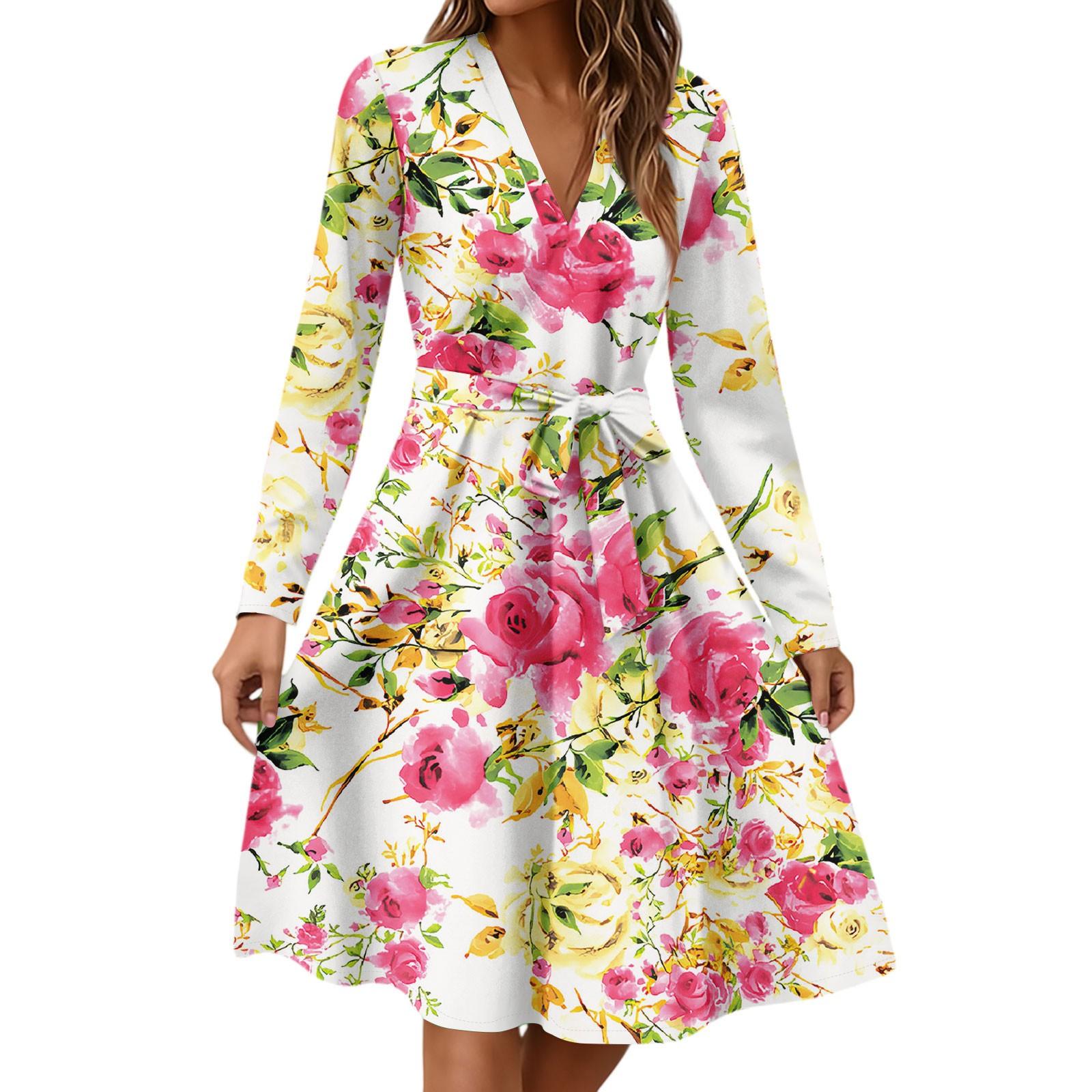 

Женское модное повседневное платье миди с V-образным вырезом, длинными рукавами, талией и цветочным принтом XXL розовый