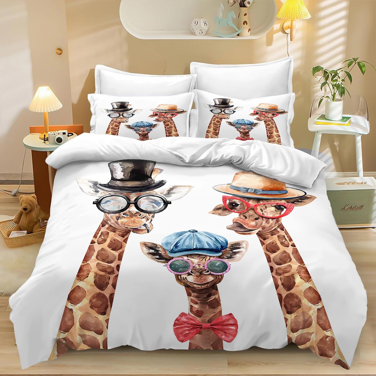 Giraffe Single Duvet Cover, Grassland Wild Animal Yellow Bedding Set for Kids Adults Set Soft with Zipper 2 Piece Giraffe Gifts 135x200cm