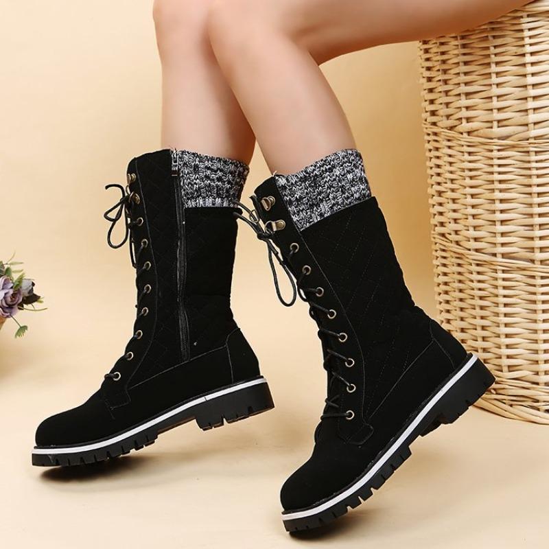 Fashion High-quality Winter Warm Boots Women's Winter Side-pull Lace-up Knitted Mid-tube Boots Low-heeled Round-toe Boots Botas De Mujer