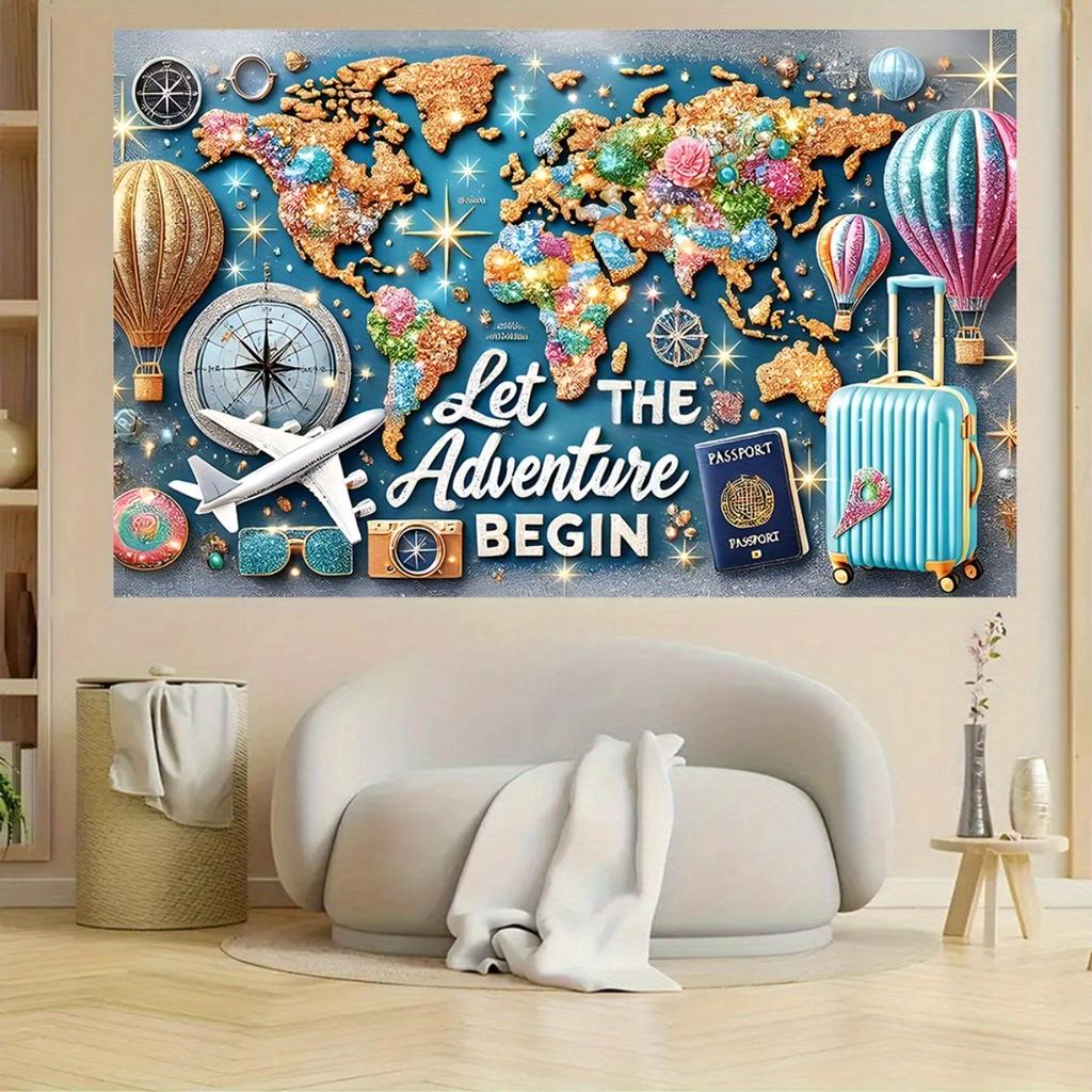 1 adventure-themed large background banner with a shiny world map, hot air balloons and travel signs - perfect for parties