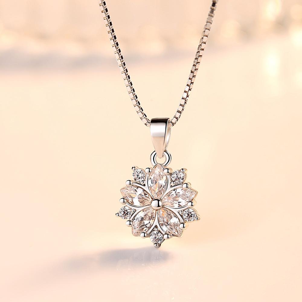 925 Sterling Silver Pink Crystal Flower Pendant Chain Necklace For Women Korean Elegant Luxury Quality Jewelry Accessories
