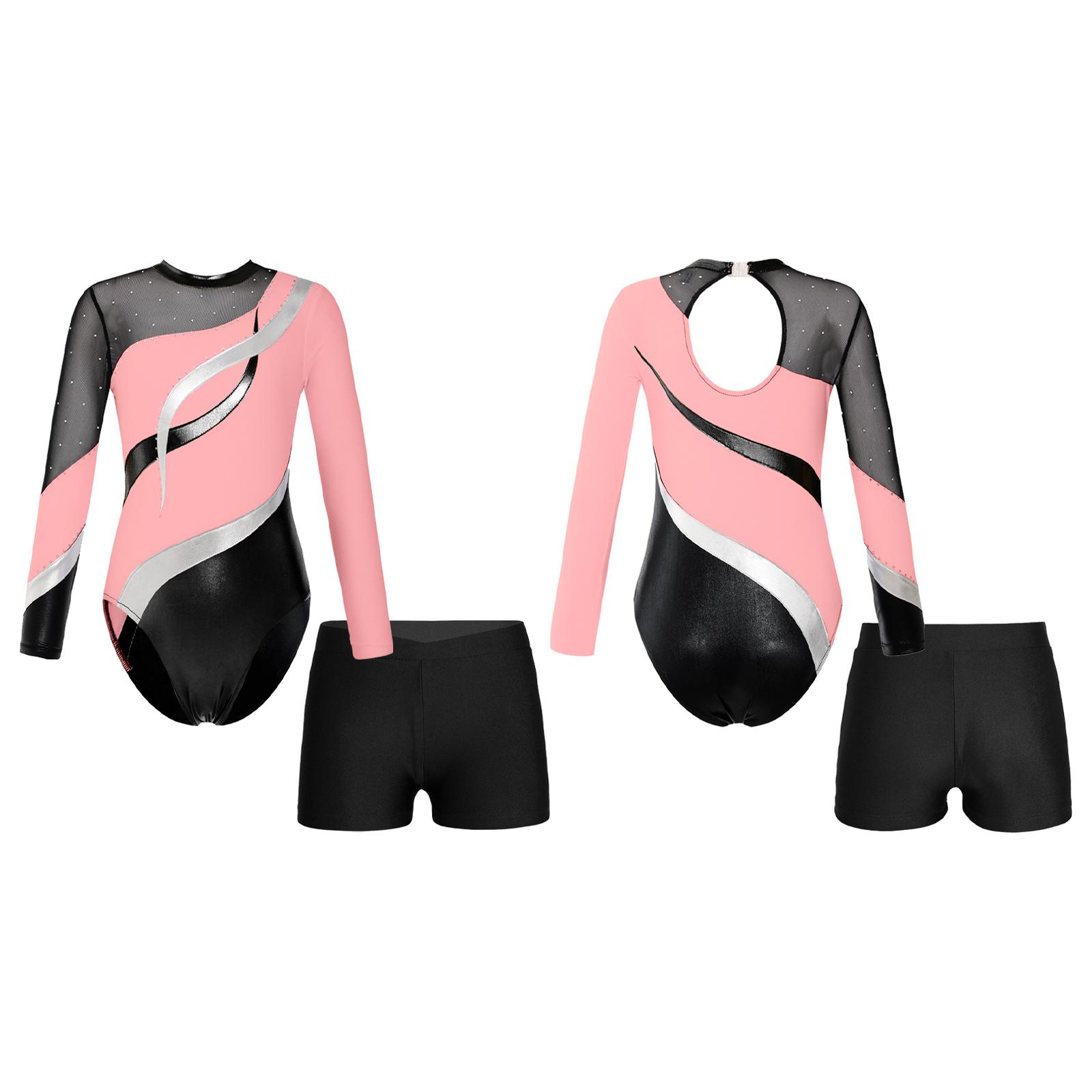 IEFiEL 2 Meisjes lange mouw Mesh Splice Gymnastiek Turnpakje Kids Atletische Jumpsuit Balletdansoutfits 7-8 Years roze