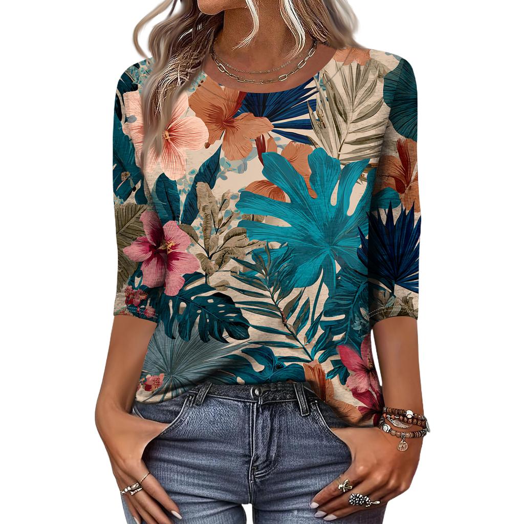 Women's Fashionable Casual Round Neck Three-quarter Sleeve Hawaiian Print T-shirt Top