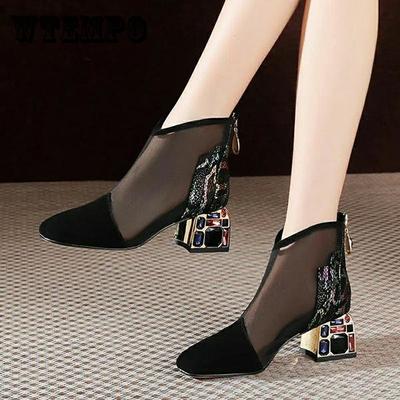 Stivali in rete traforati, estivi, autunnali, sandali corti da donna con tacco alto, sandali con tacco spesso e strass coordinati