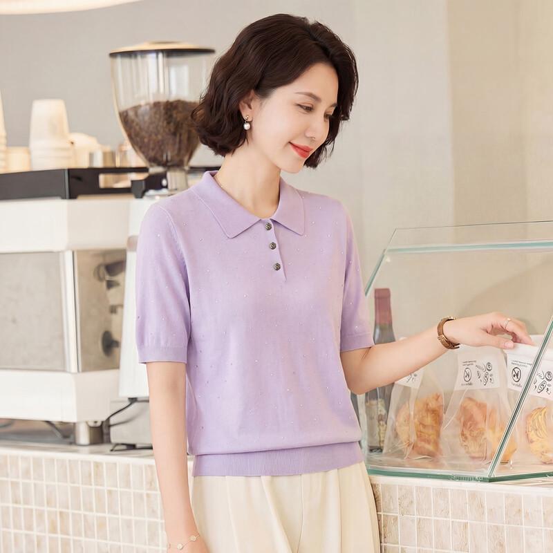 Damen Rhinestone Polo-Strick-T-Shirt mit Seidenmischung