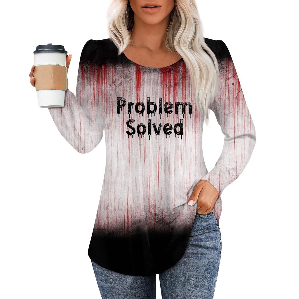 Women's Casual Top Halloween Printed Round Neck Long Sleeved Pleated T-shirt