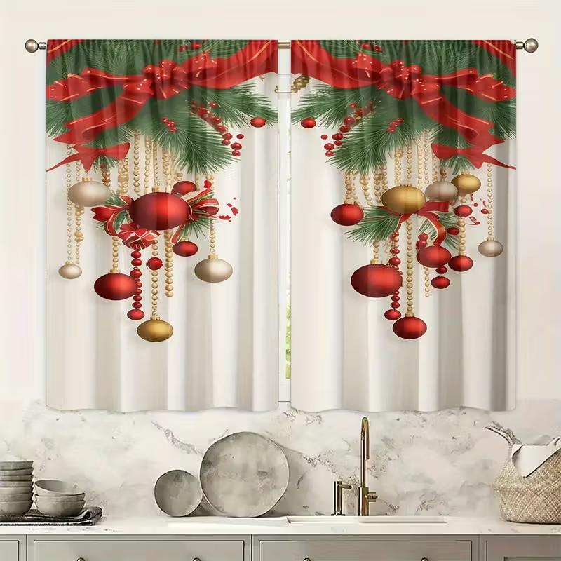 Christmas Ornament Curtains Insulated Privacy Design Polyester Holiday Window Decor Festive Home Thermal Set Of 2 Made With Rod Pocket