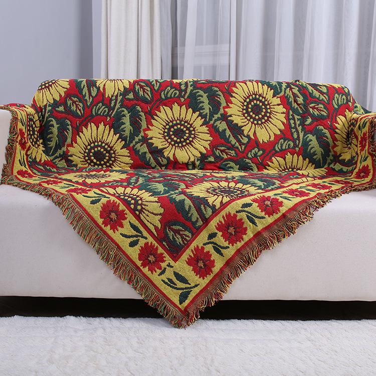 Sofa Blanket European Style Sofa Towel Red Sunflower Pattern Double-sided Three-layer Thickened Blanket